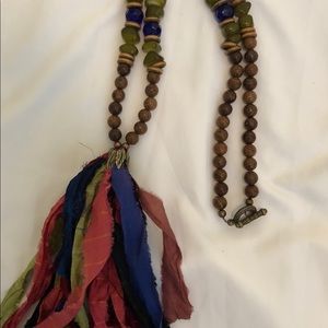Wood and Multi-Silk Tassel Necklace